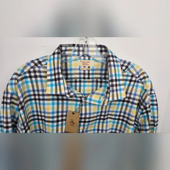 Penguin Men’s Plaid Flannel Button Up Heritage Slim Fit Size 18 34/35 NWT Cream - Picture 2 of 10
